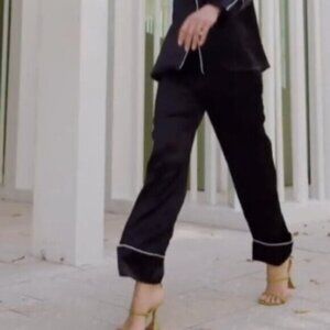 Noiri Silk Charlotte Pajama Pants M Black White Pull On Straight Leg